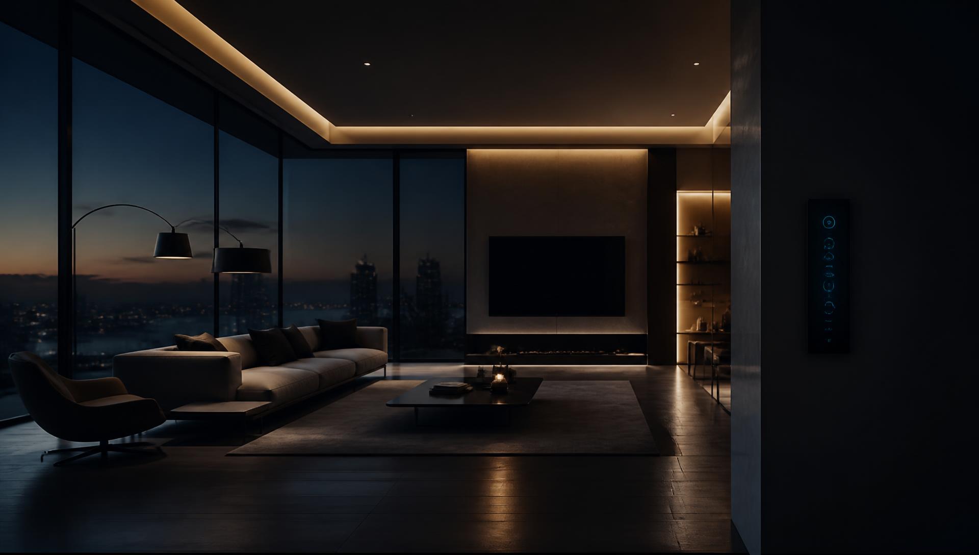 Premium living space at dusk with integrated cove lighting and a wall control panel