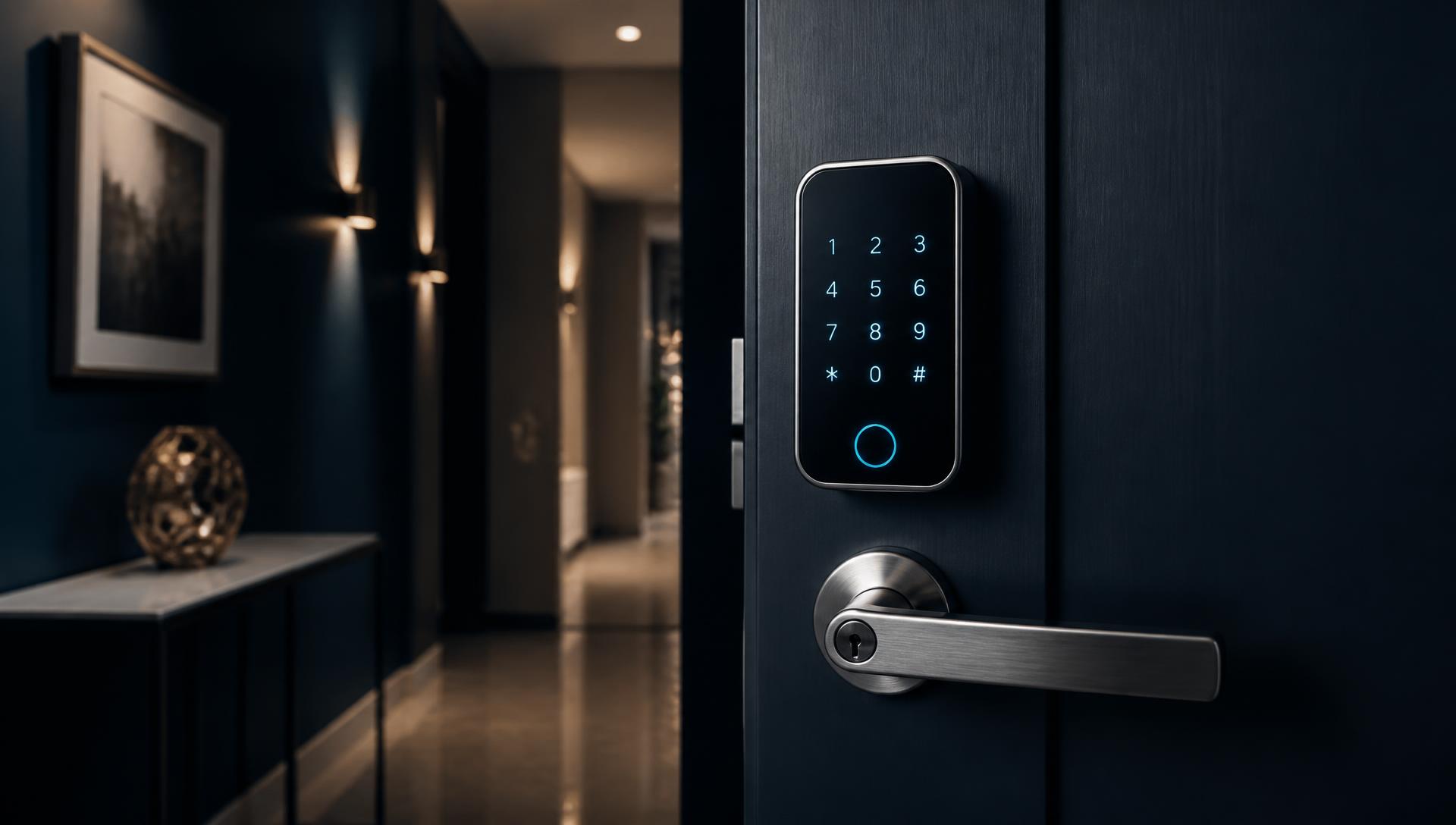 Entry door with an illuminated smart lock keypad in a dark hallway